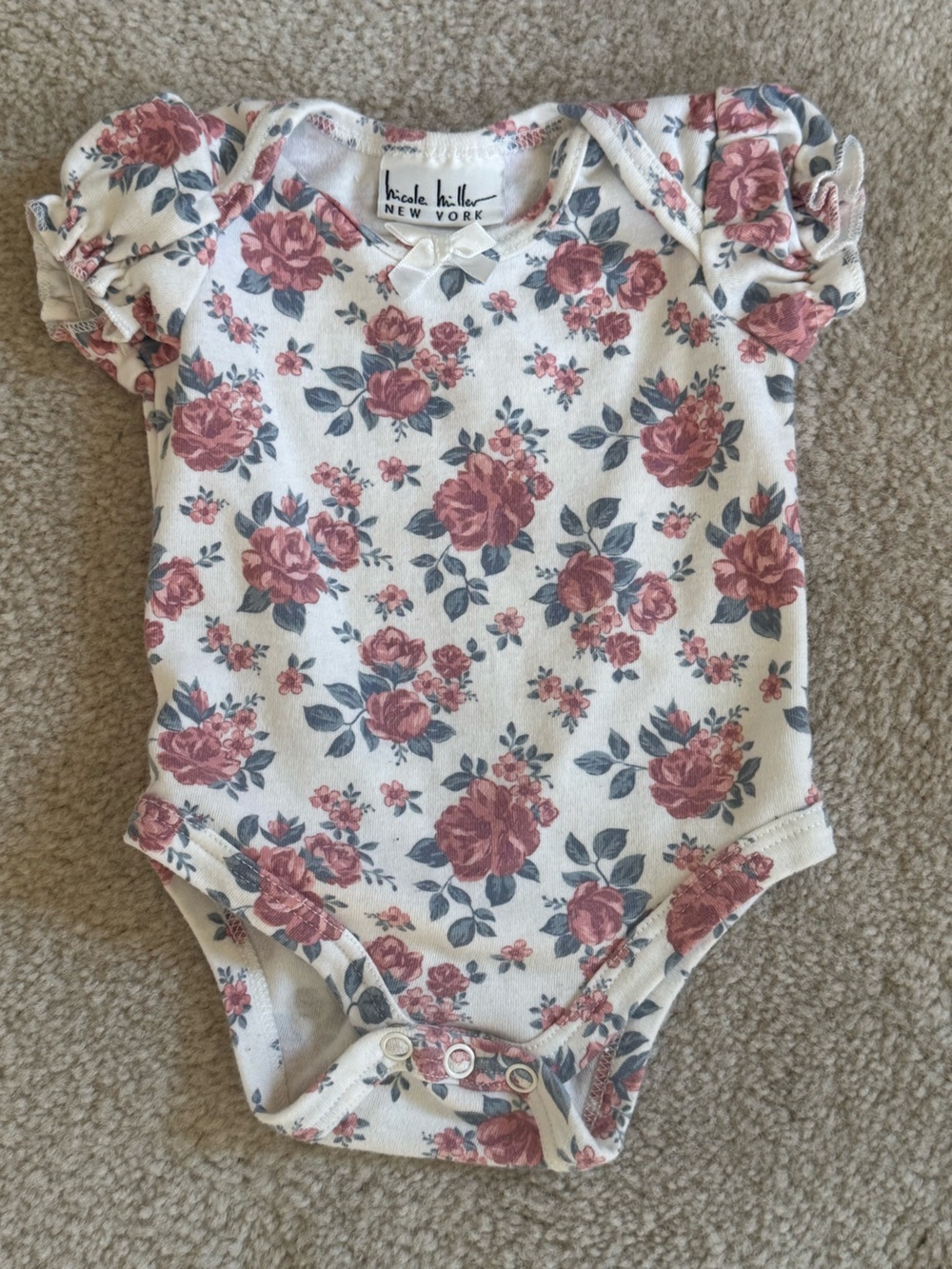 Floral Cotton Baby Romper Onesie Girl in White with Pink Roses